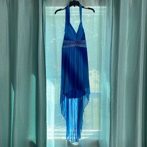 Gradient blue open back halter top dress